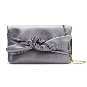 NWT Cuyana Bow Clutch Shimmer silver metallic gold crossbody chain magnetic